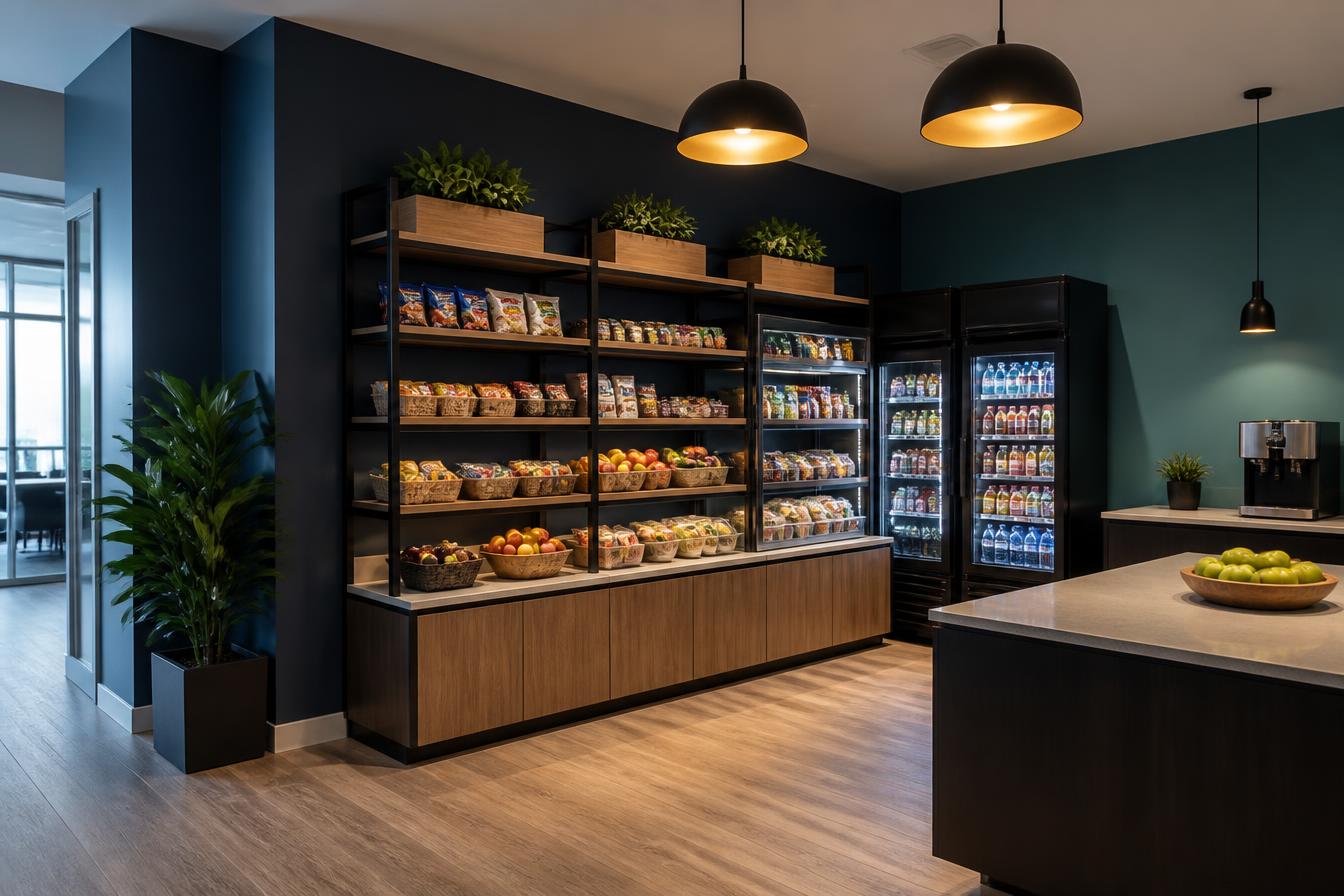 Modern unattended office micro market with stocked shelves, drinks, and fresh food